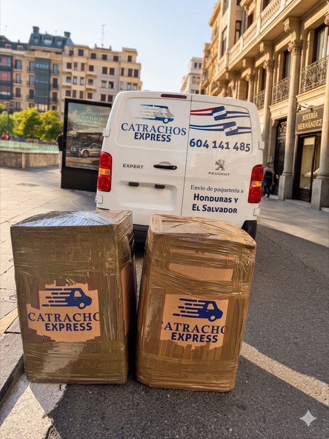 Furgoneta de Catrachos Express con cajas listas para enviar a Honduras